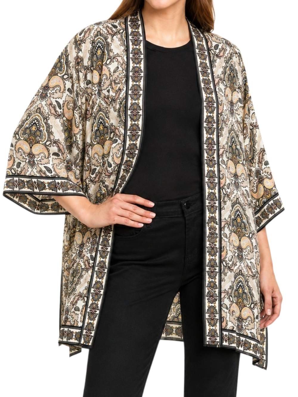 Max Studio Paisley Kimono Cardigan M Boho Border Open Front Earthy Coastal Beach